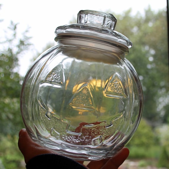 Vintage Clear Glass Libbey Pumpkin Jack O Lantern Canister Jar Candy Bowl Dish with Lid Halloween Decor