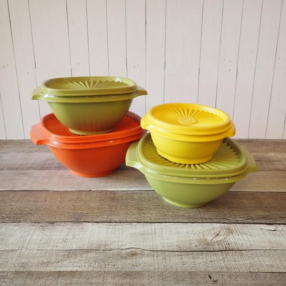 Vintage Tupperware Servalier Container Set of 4 Dishes with Lids Green Orange Yellow