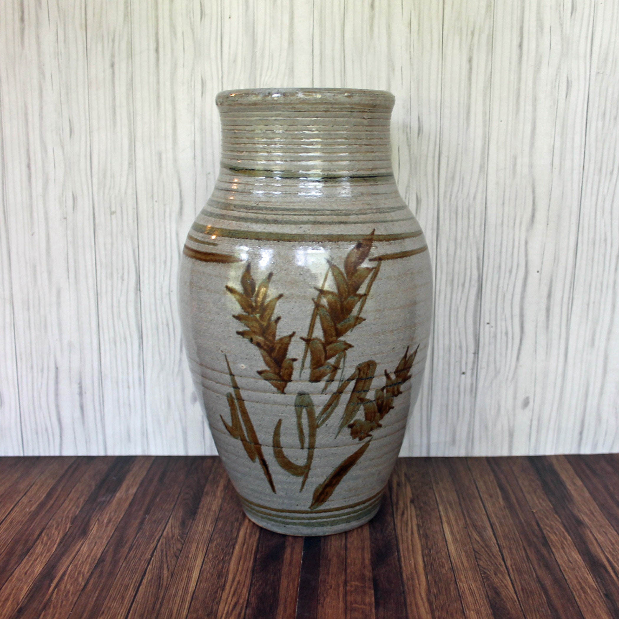 Vintage Ceramic Stoneware Vase Gray with Brown Wheat Stalk Design