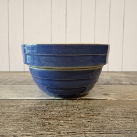 Vintage Yellow Ware 5" Small Blue Stoneware Mixing Bowl USA Pottery