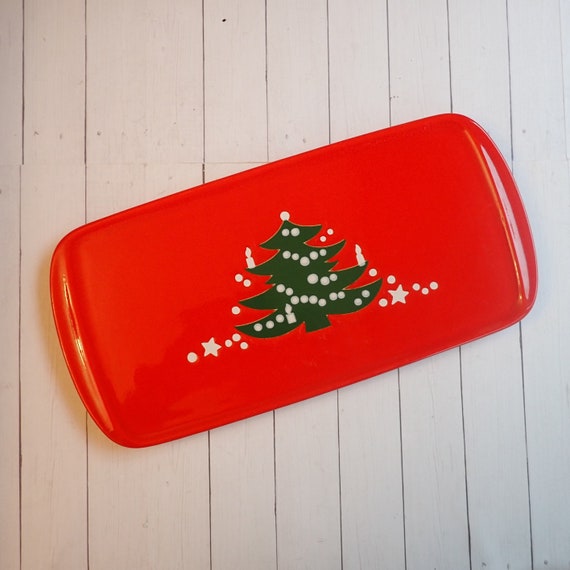 Vintage WAECHERSBACH Christmas Tree 13" Rectangular Serving Platter Sandwich Tray Red Green White Holiday Tree Germany