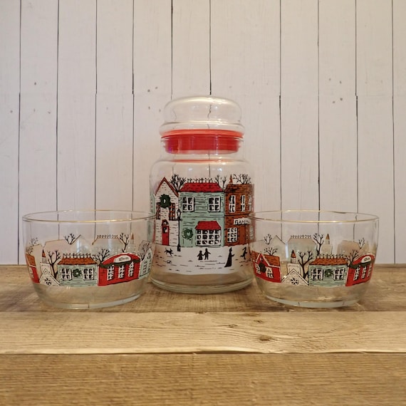 Vintage Christmas Village Glass Canister Apothecary Jar and Bowl Set of 3 Christmas Candy Jar