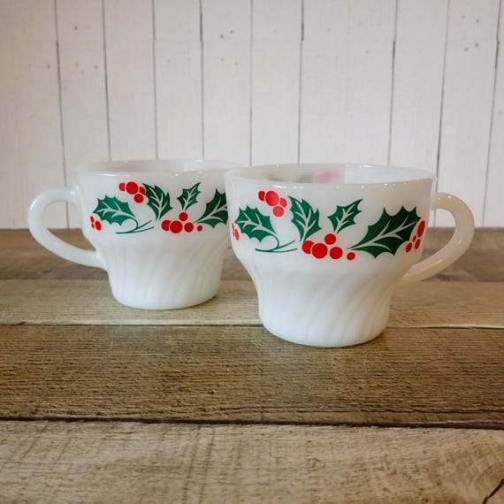 Vintage Termocrisa White Milk Glass Holly Mug Set of 2 Crisa Christmas Mug