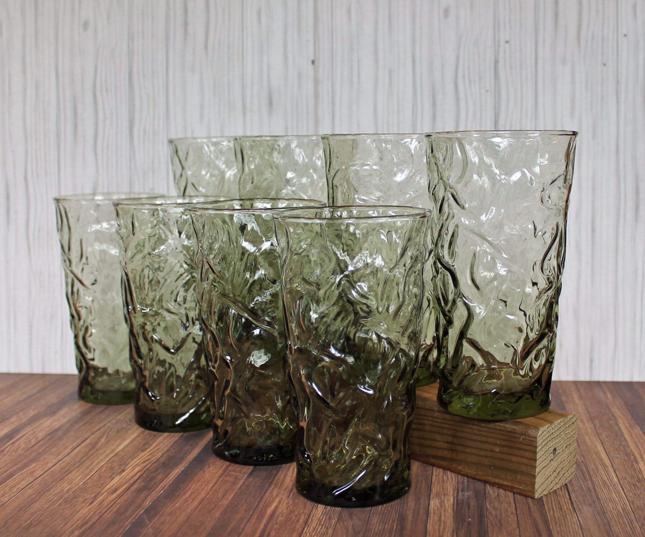 Vintage Libbey AZTEC Green 5.5 Tumbler 10 oz. Set of 8 Textured Tree ...