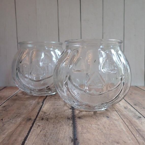 Vintage Clear Glass Pumpkin Jack O' Lantern Tealight or Votive Candle Holder Set of 2