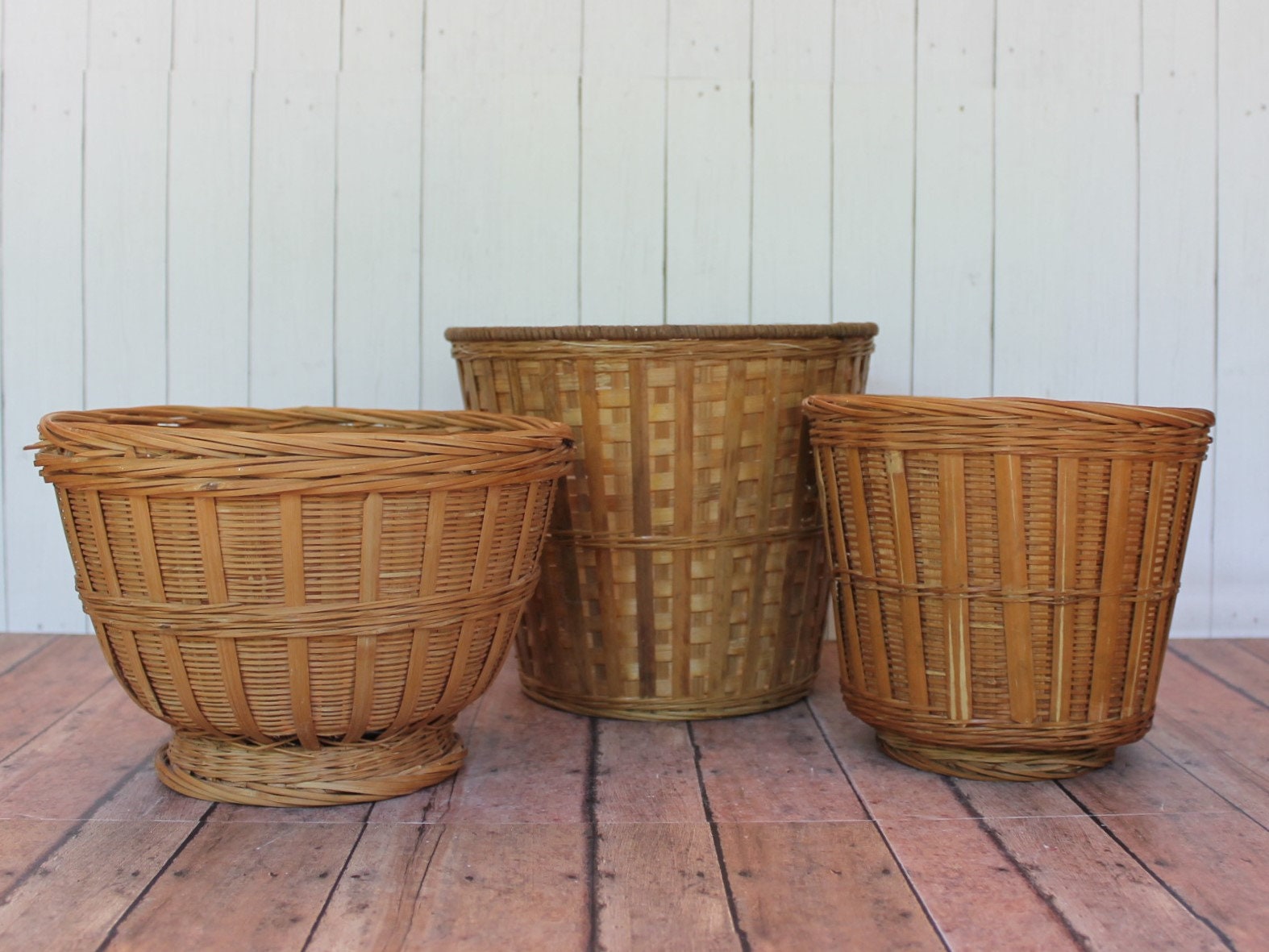 Vintage Woven Wicker Planter Basket Set of 3 Baskets Round Flower Pot
