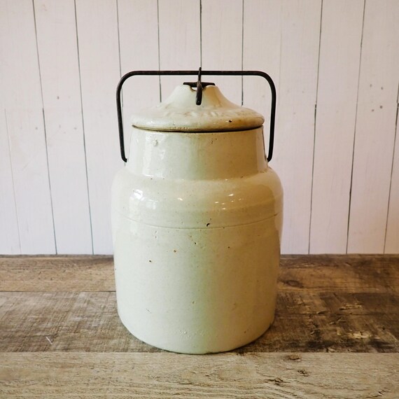 Antique Gray Stoneware Canning Jar with Lid and Bail Weir Lid Primitive Farmhouse Crock