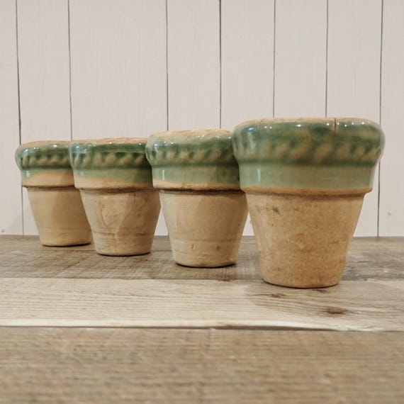 Vintage Rowe Pottery Works Stoneware Small Planter Flower Pot Set of 4 Tan with Green Glaze Rim