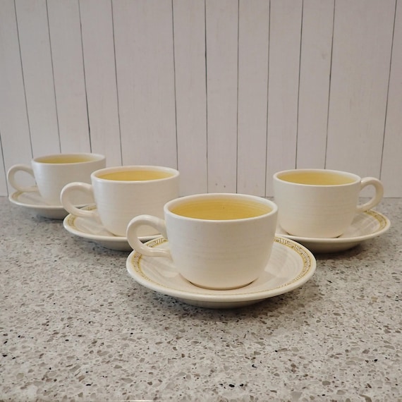 Vintage Franciscan HACIENDA GOLD Ceramic Cup and Saucer Set of 4 or Set of 8 White and Yellow with Ribbed Banded Design
