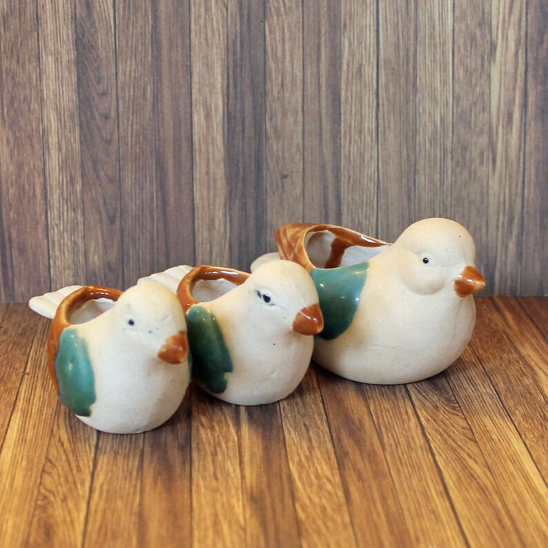 Vintage Stoneware Bird on Tree Branch Figurine Candle Holder with Three Birds and Ceramic Tree White Brown Blue Free Shipping