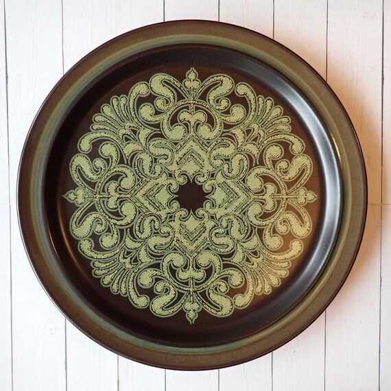 Vintage Noritake Primastone CAMPOBELLO Dinner Plate Set of 5 Brown Stoneware with Tan and Green Bands Scroll Medallion Design