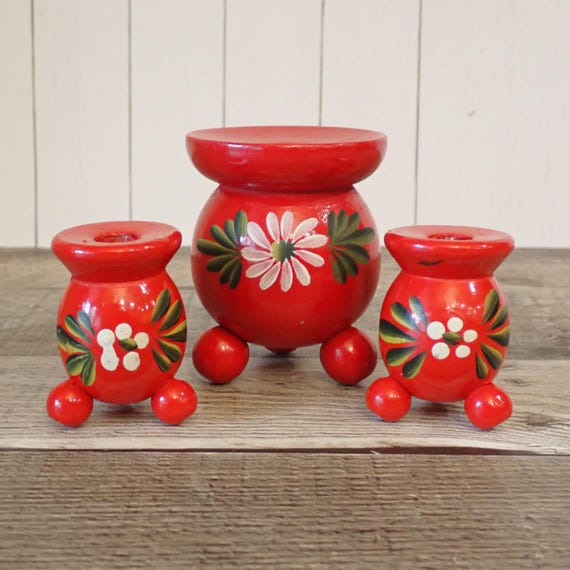 Vintage Swedish Wood Candlestick Set of 3 Red Painted Wooden Candle Holders with Rosemaling Floral Design Made in Sweden