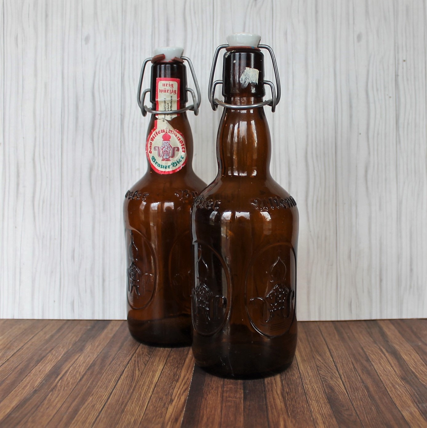 Vintage Brauer Bier Beer Bottle Set of 2 Brown Amber Glass Bottle with