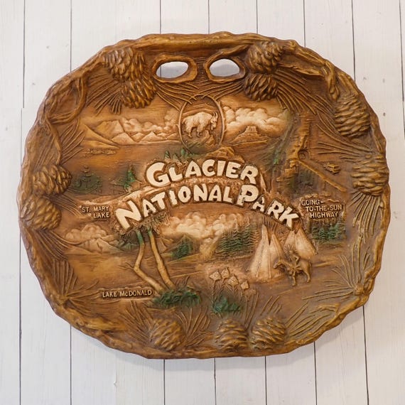 Vintage Glacier National Park Faux Wood Souvenir Wall Plate Tray Bowl by Taco