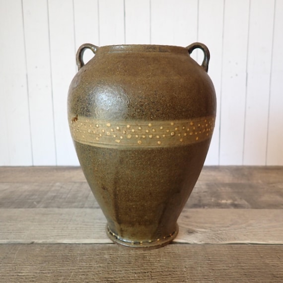 Vintage Stoneware Urn Style Vase Handmade Pottery Brown with small Handles