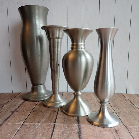 Vintage Silver Metal Pewter Vase Set of 4 Vases