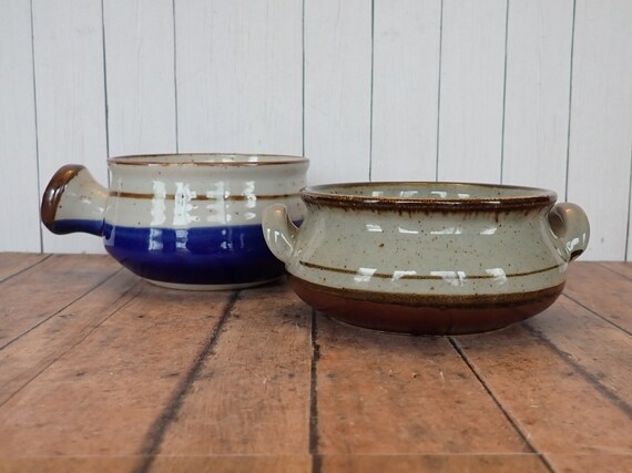 Vintage Stoneware Soup Bowl Mug with Handle Set of 2 Bowls Gray with Blue and Brown Bands Striped Otagiri Takahashi Pottery