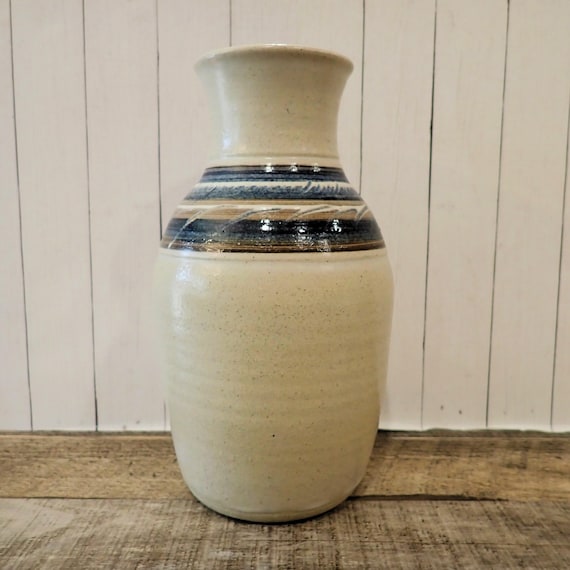 Vintage Stoneware Vase Handmade Pottery White and Blue with Banded Etched Design
