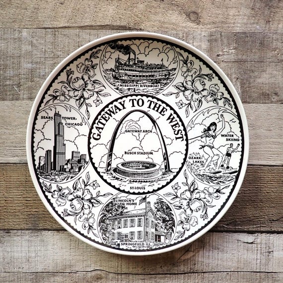 Vintage St. Louis Missouri Gateway to the West Souvenir Plate Brown and White with City Scenes Arch ENCO American Ironstone