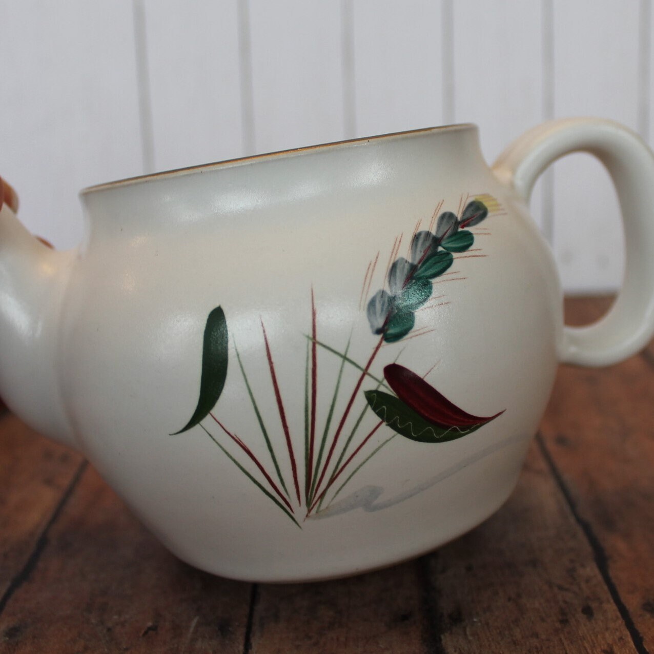 Vintage Denby GREENWHEAT Teapot with Hand Painted Leaf Design Signed