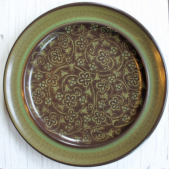 Vintage Franciscan MADEIRA 8" Salad Plates Set of 4 Brown Stoneware with Green Floral and Leaf Design Mid Century