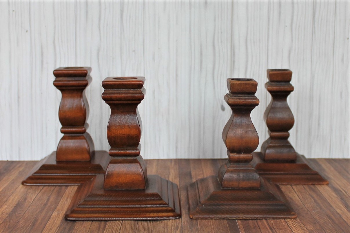Vintage Wood Candlestick Set f 4 Wooden Candle Holder with Square Bases