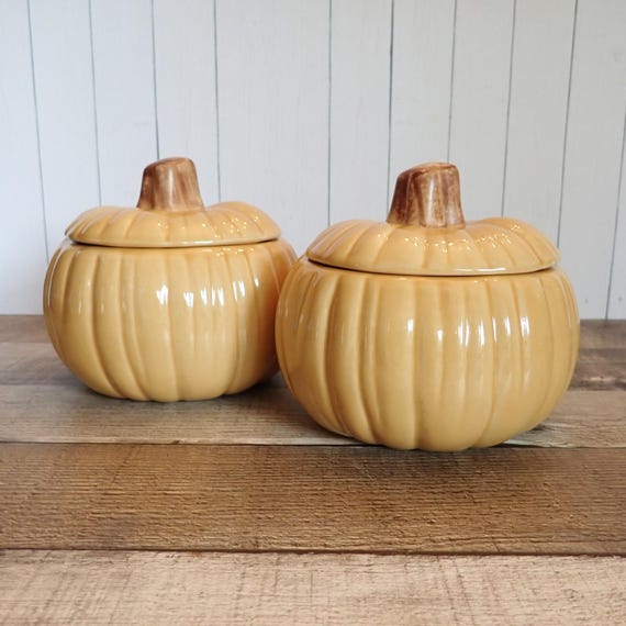 Vintage Ceramic William Sonoma Pumpkin Bowl Dish Candle Holder with Lid Set of 2 Fall Halloween Thanksgiving Decor