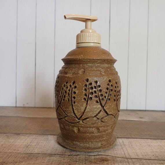 Vintage Cathy Pottery Stoneware Soap Dispenser Tan Brown with Etches Leaf Flower Design