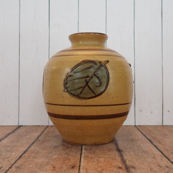 Vintage Otagiri Stoneware Vase Tan with Green and Brown Leaf Leaves Design Bud Vase