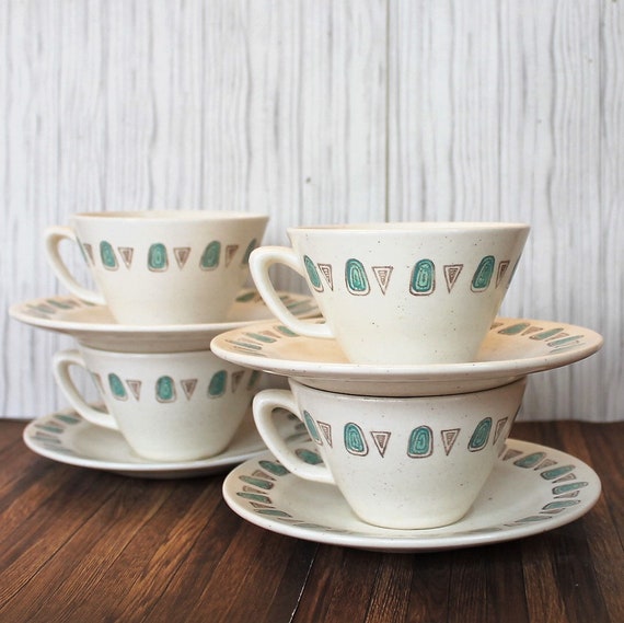 Vintage Metlox Poppytrail NAVAJO Cup and Saucer Set of 4 or Set of 8 Mid Century Modern Blue Gray Geometric Tribal Design