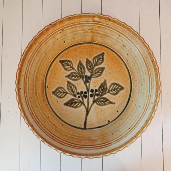 Vintage Stoneware Pottery Pie Plate White and Rust with Green Leaves and Blue Berries Studio Pottery Artist Signed