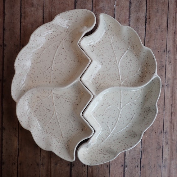 Vintage White Ceramic Leaf Shaped Divided Serving Snack Dish 2 Piece Round Relish Tray Server California Pottery USA Mid Century Modern