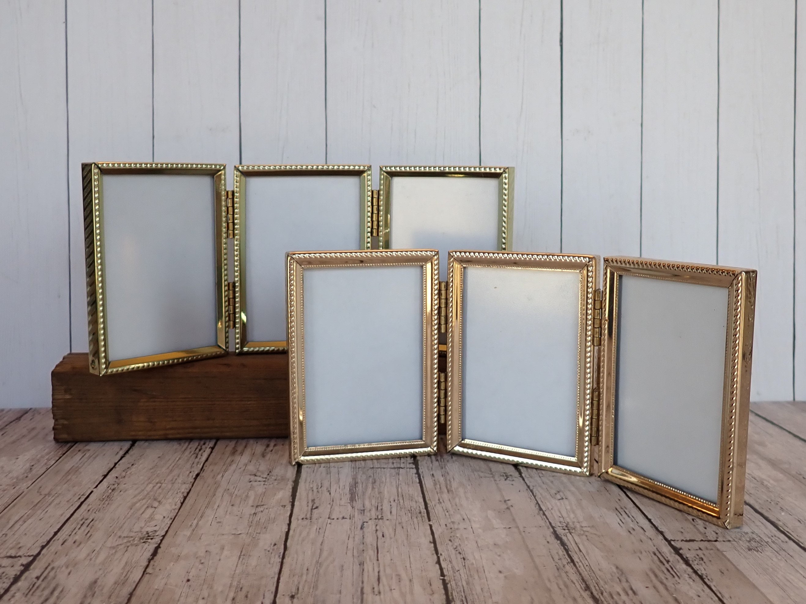 Vintage Brass Bronze Metal 2x3 Triple Hinged Frame Set of 2 Three Part