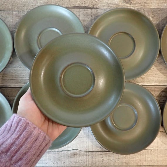 Vintage Denby CAMELOT Saucer Set of 9 Green Stoneware Saucers Mid Century Modern