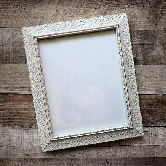 Vintage RARE WOODS 8x10 Picture Photo Frame White Wood with Etched Floral Flower Design Burnes of Boston