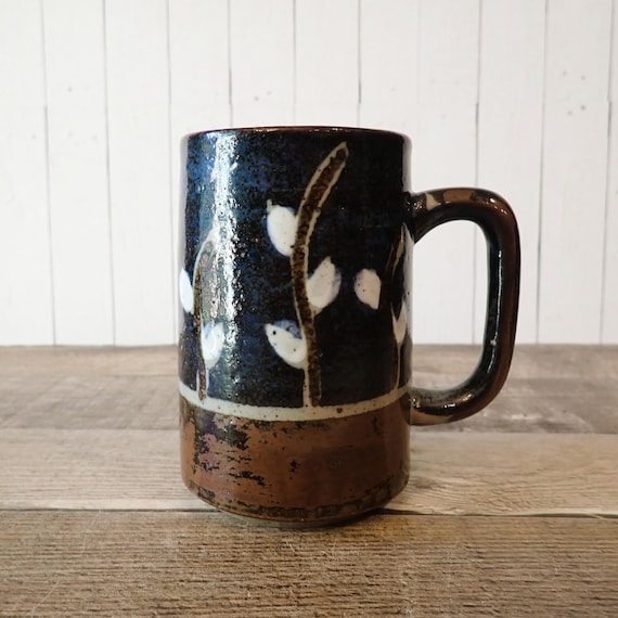 Vintage Otagiri Pussywillow Large Mug Coffee Cup Blue and Gray Stoneware Brown Branch Pussy Willow