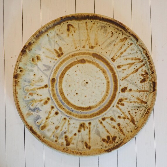 Vintage Dan Keegan Studio Pottery Round Platter Gray with Brown and Blue Design Hand Made Boho Style