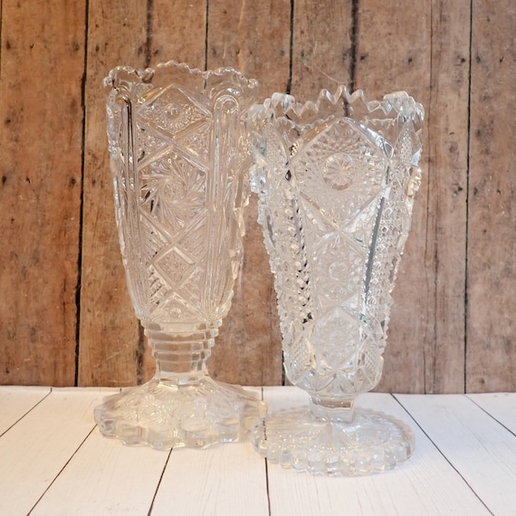 Vintage Clear Glass Hobstar Vase Set of 2 with Star Starburst and Flower Design