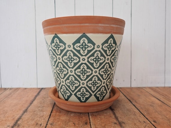 Vintage Terra Cotta Planter Flower Pot with White and Blue Geometric Floral Design Clay Boho Flowerpot