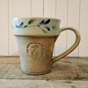 Vintage Rowe Pottery Works Stoneware Mug Coffee Cup Tan Stoneware  with White Glaze Rim and Flower and Leaf Design