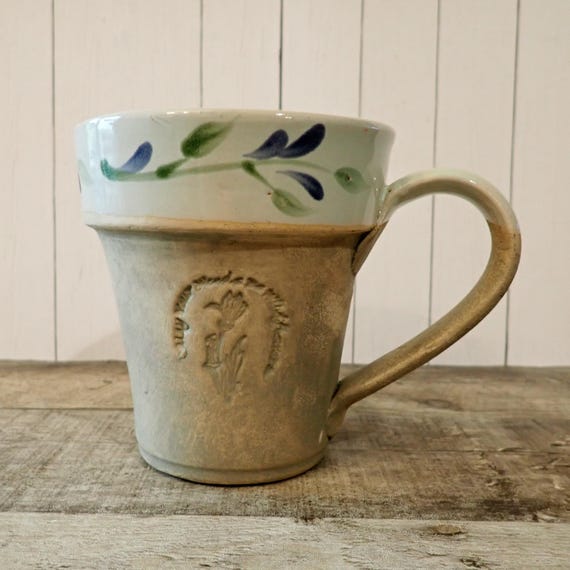 Vintage Rowe Pottery Works Stoneware Mug Coffee Cup Tan Stoneware  with White Glaze Rim and Flower and Leaf Design