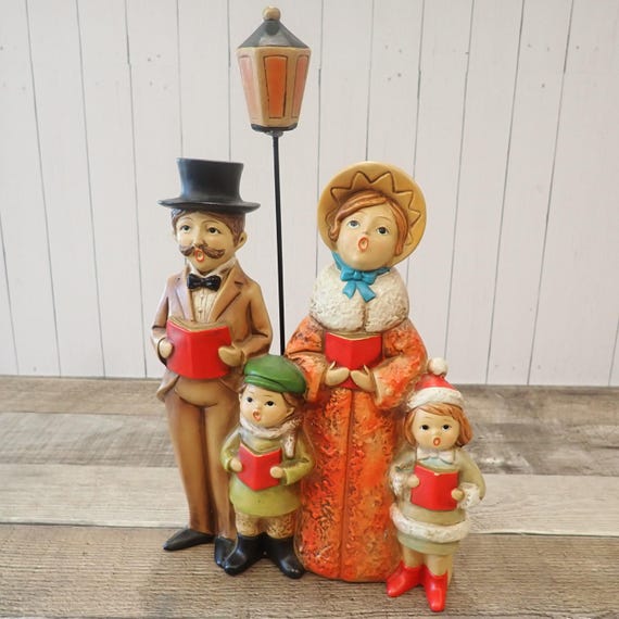 Vintage Christmas Caroler Family Figurines Man Woman Son and Daughter and Lamp Post
