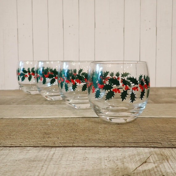 Vintage Clear Roly Poly Holly and Berry Old Fashioned Glasses Set of 4 6 oz. Christmas Drinkware