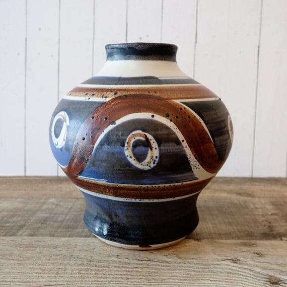 Vintage Pacific Stoneware Vase Blue Brown and Tan with Dot and Wavy Line Design Mid Century Modern California Pottery Signed B Welsh 1971