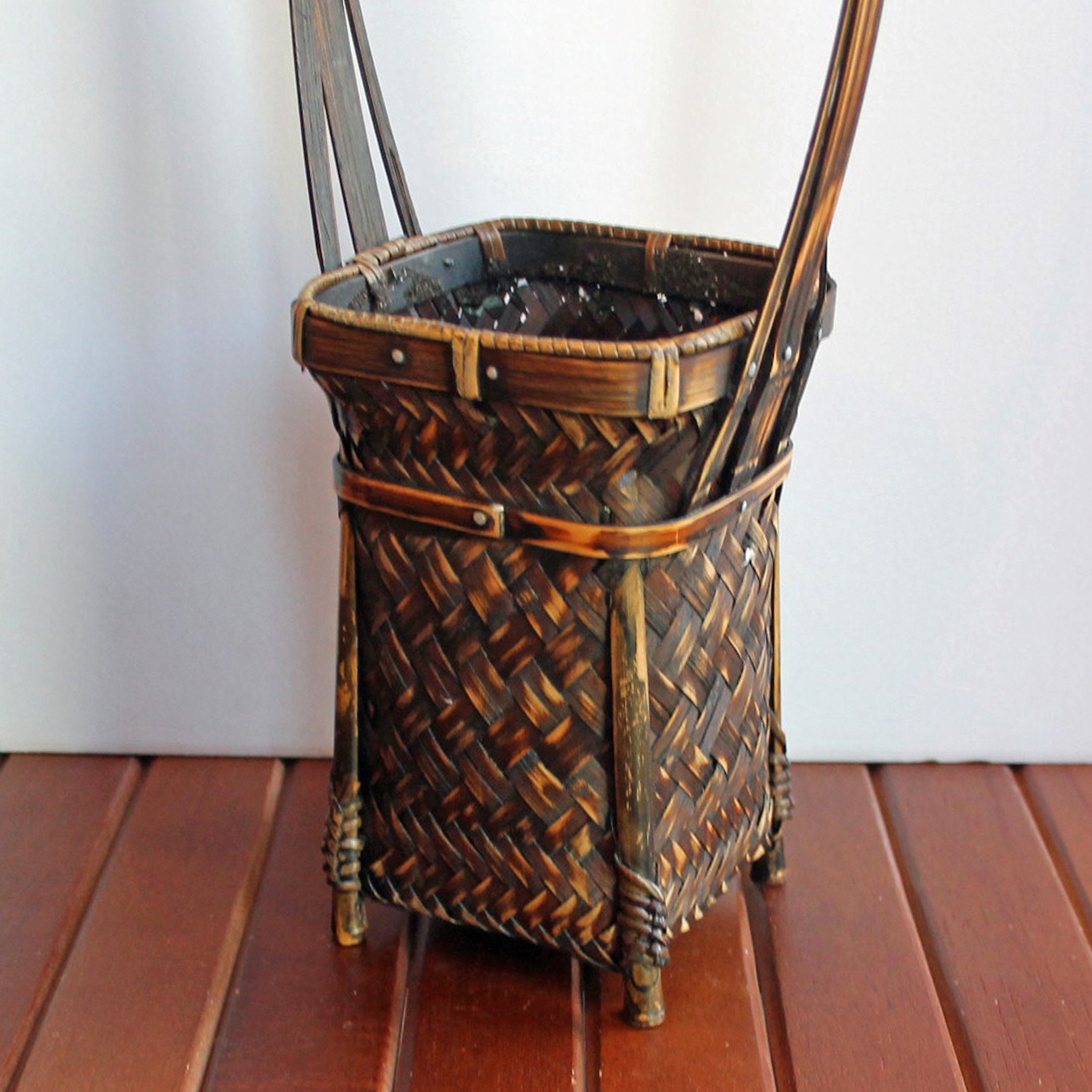 Vintage Woven Wicker Footed Basket Vase Asian Ikebana Tall Square
