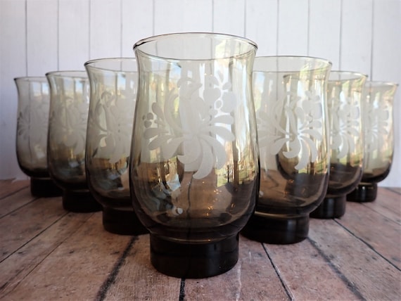 Vintage Pfaltzgraff FOLK ART Brown Glassware 5" Tumbler Glass Set of 7 Glasses Etched Bird Design 14 oz.