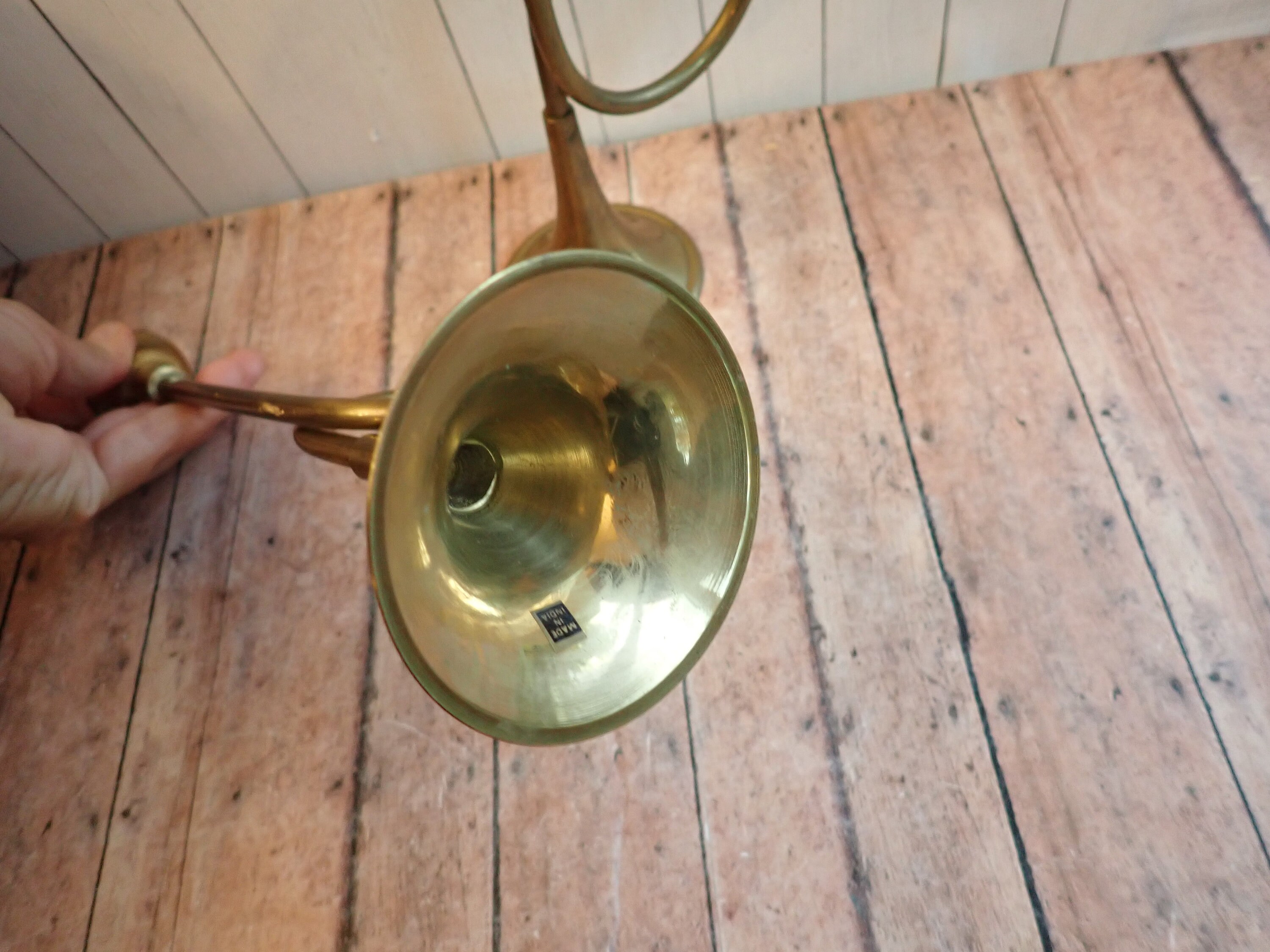 Vintage Brass Trumpet Bugle Horn Christmas Candlestick Set of 2 Candle