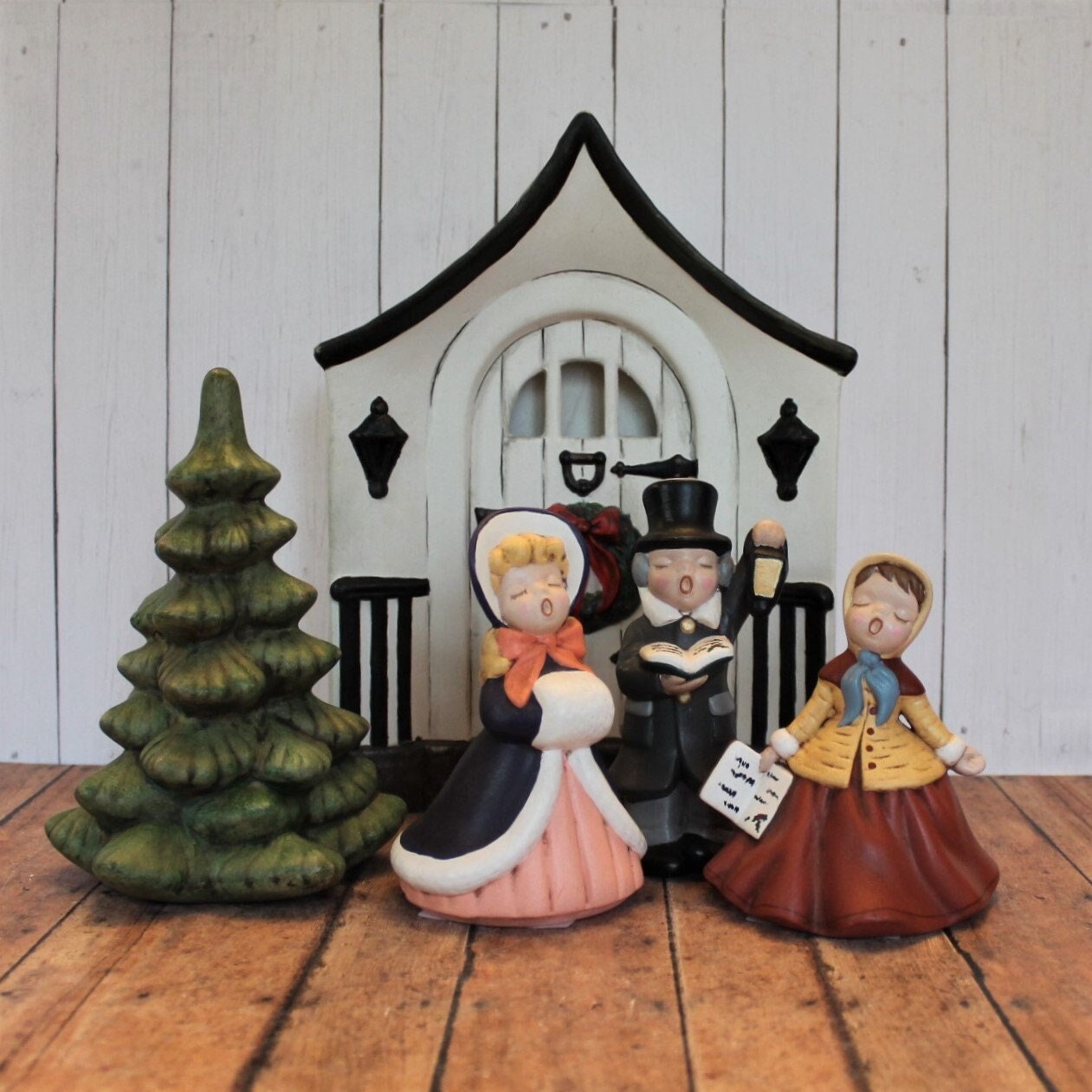 Vintage Holland Mold Set of 3 Christmas Carolers with House Front Door