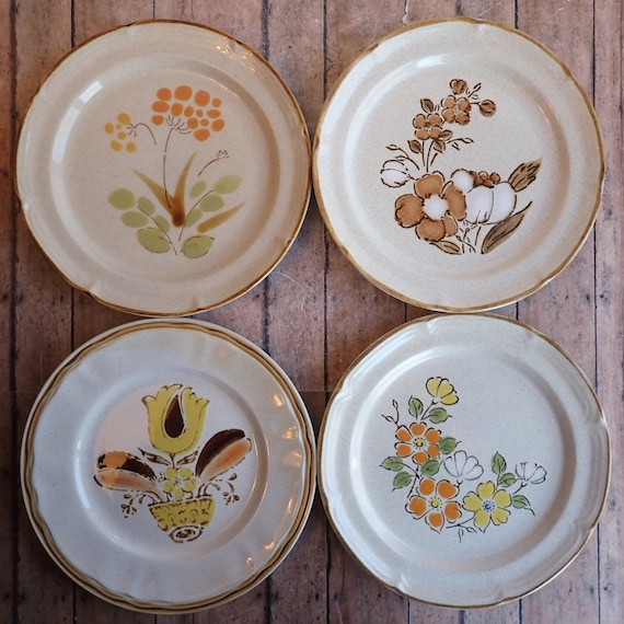 Vintage Mismatched Stoneware Salad Plate Set of 4 Mix and Match Plates Tan with Yellow Green Flower Designs 1970s