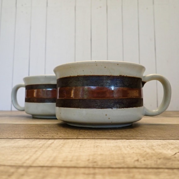 Vintage Otagiri Style Stoneware Soup Mug Bowl with Handle Set of 2 Matching white and Brown Black Banded Striped Design